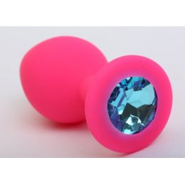 Розовая силиконовая анальная пробка с голубым стразом - 9,5 см.